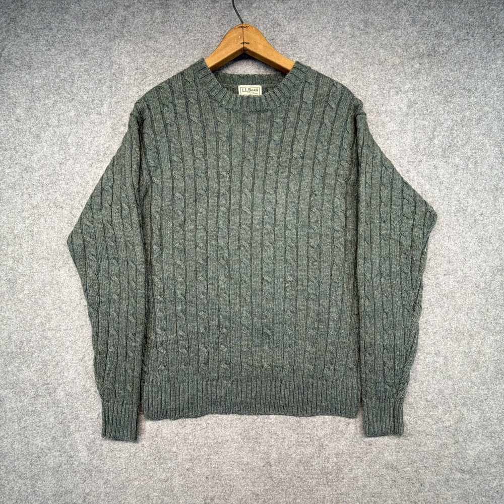 Vintage LL Bean Mens Small Cable Knit Fisherman Wool Green